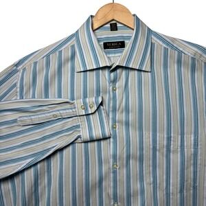 Serica Mens Striped Button Up Shirt 17R Made in Italy 100% Cotton Blue Tan